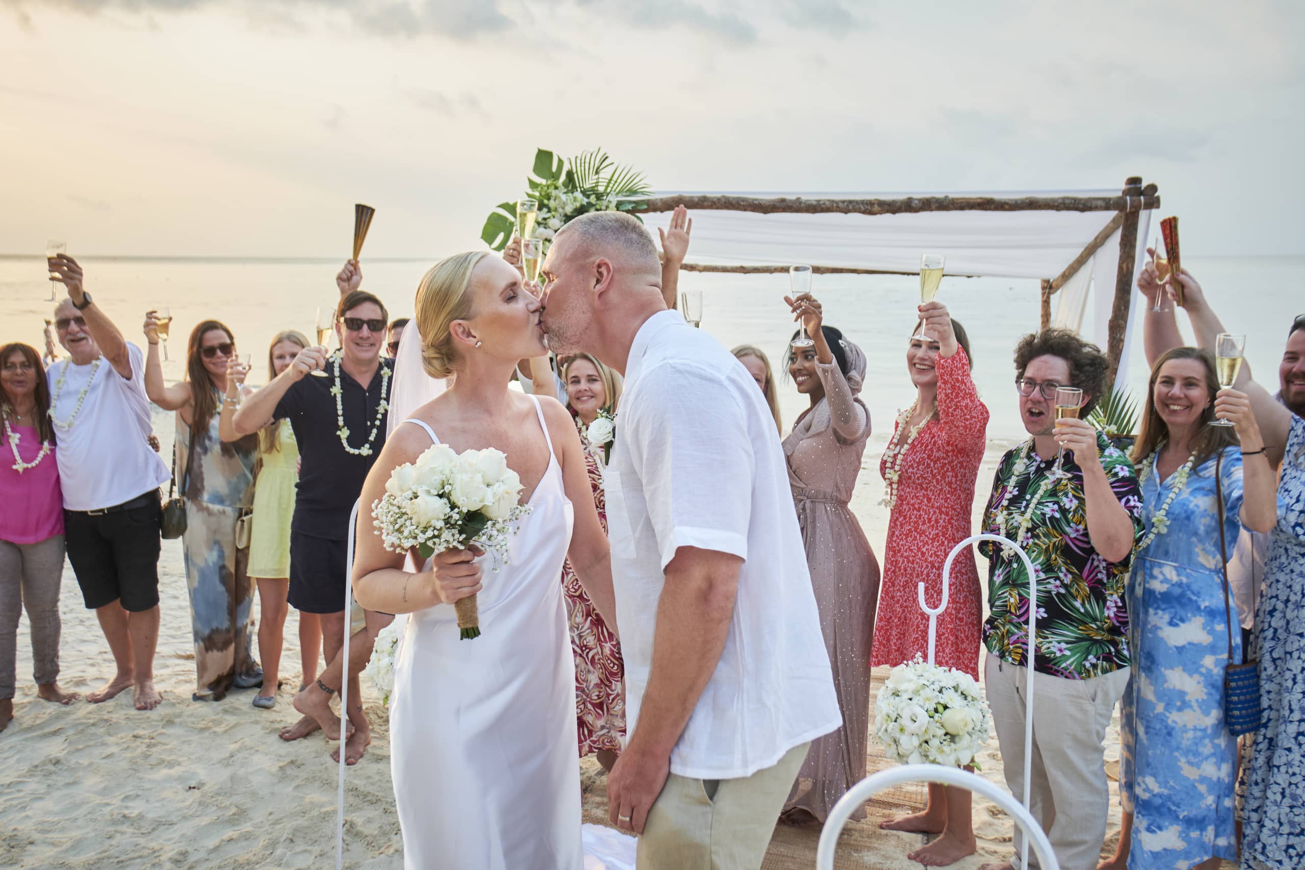 beach wedding guests group picture