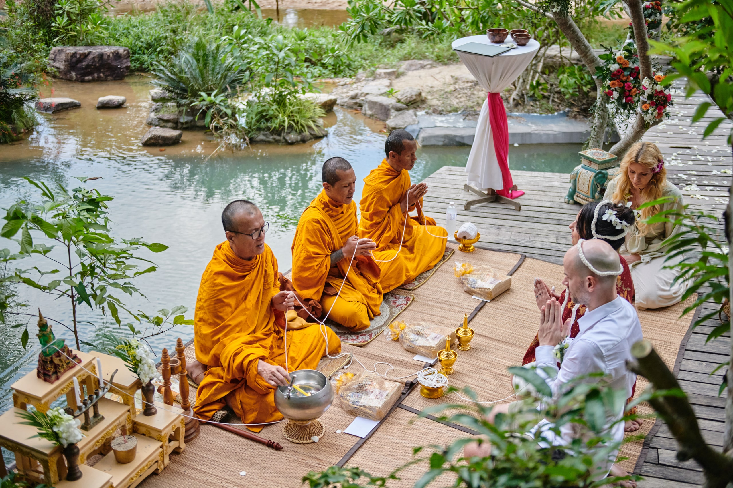 waterfall wedding monk blessing
