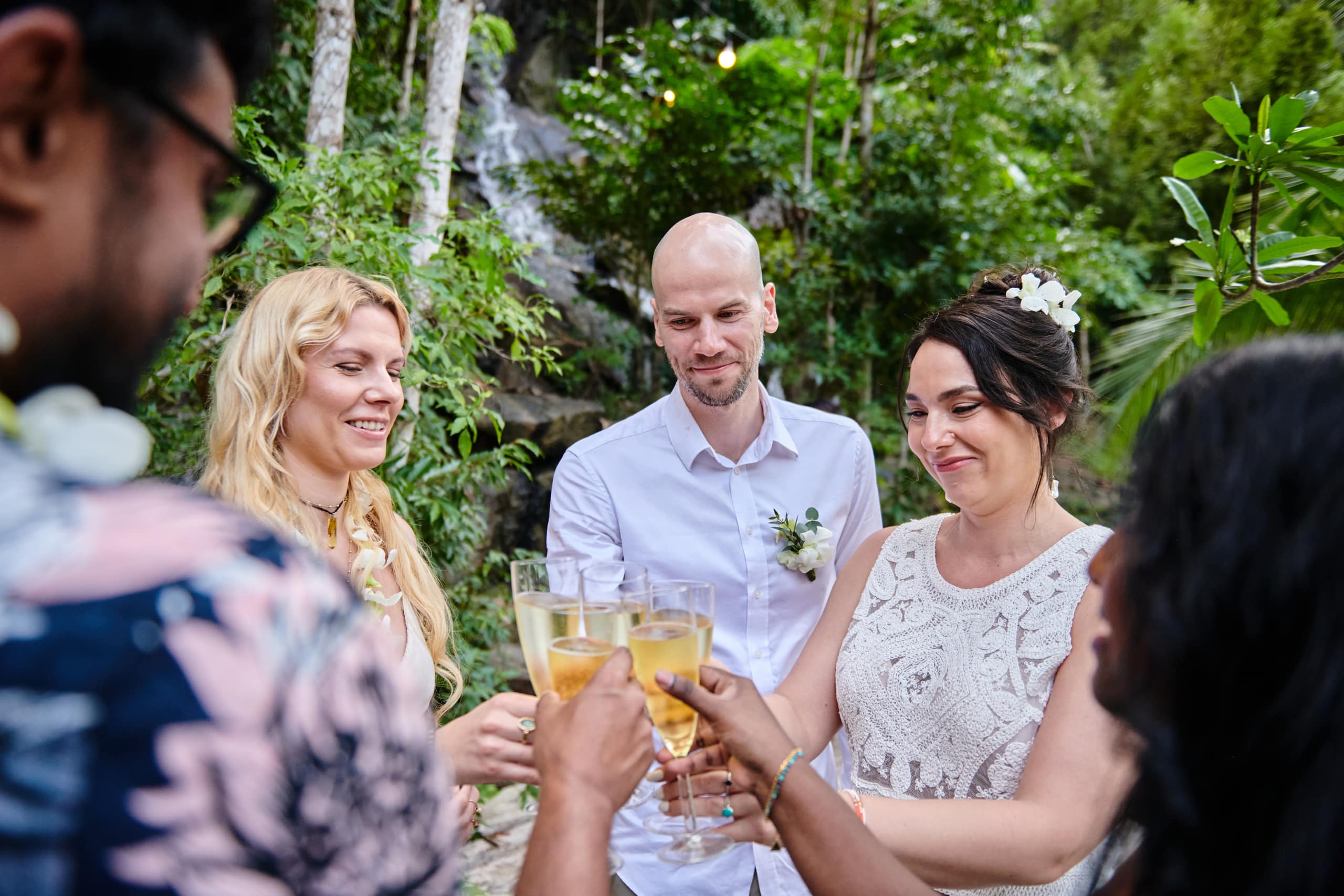 waterfall wedding celebration cheers
