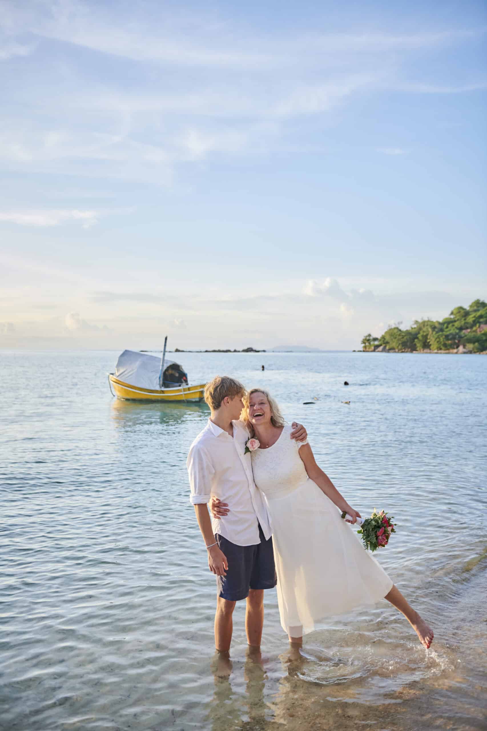 mother and son beach wedding