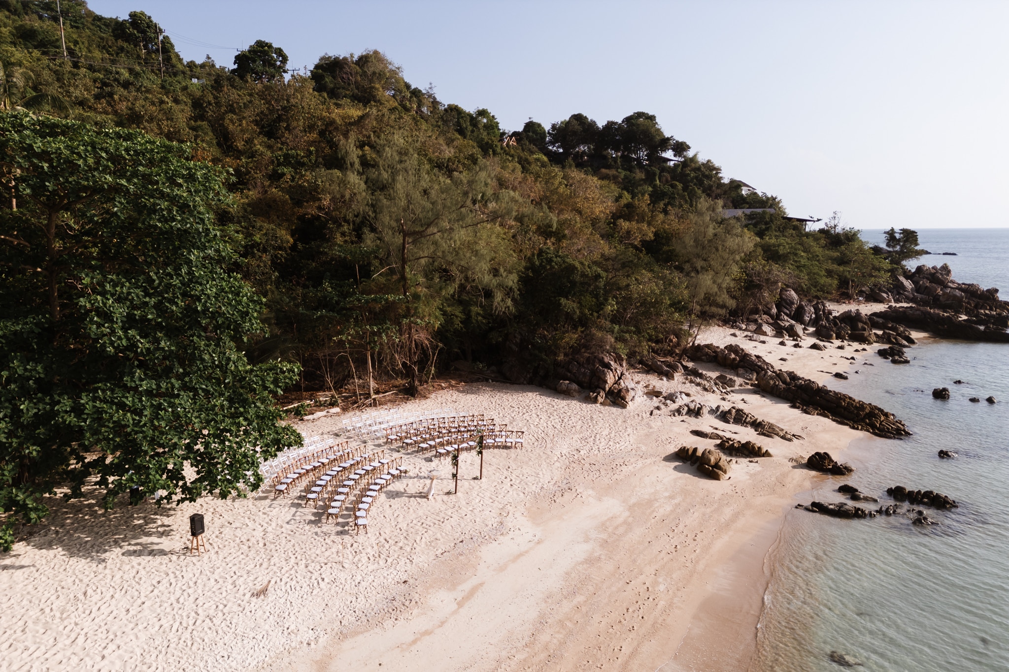 beach wedding drone shot