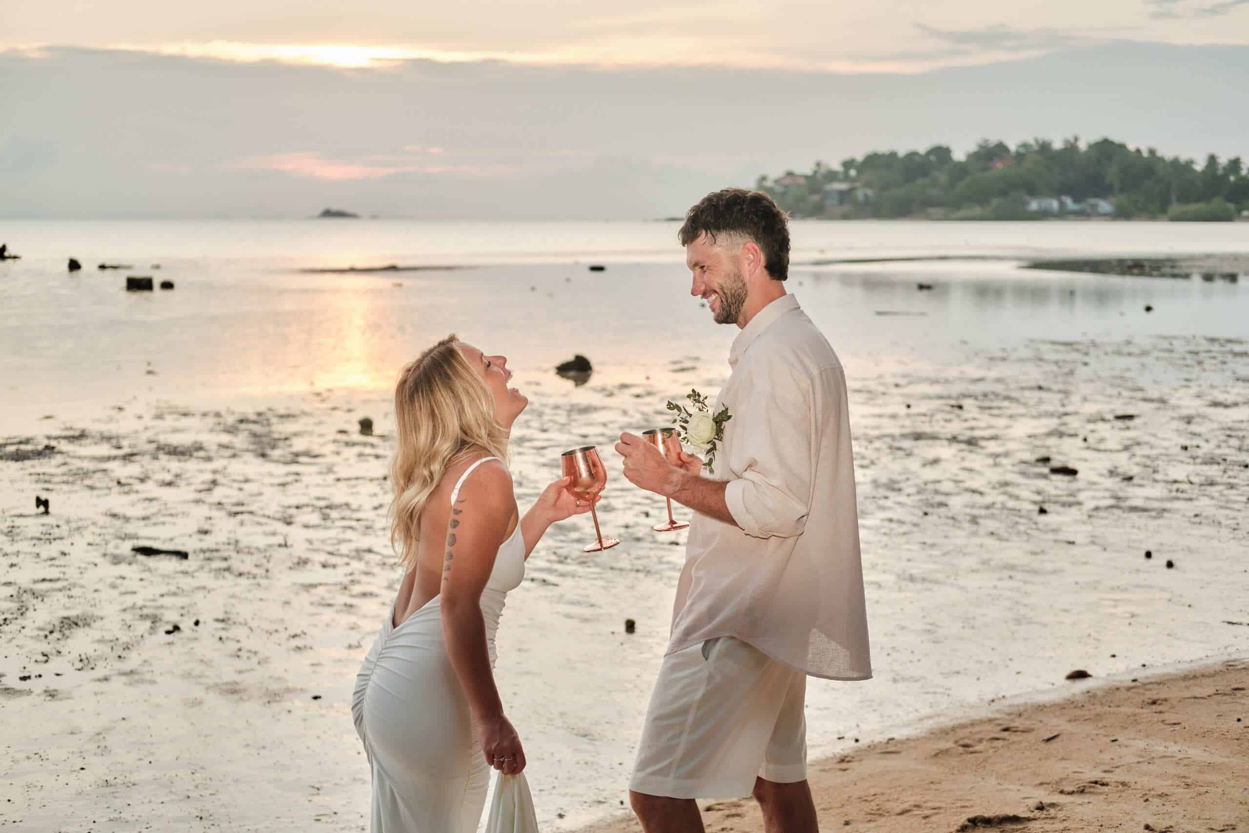 beach wedding couple sunset