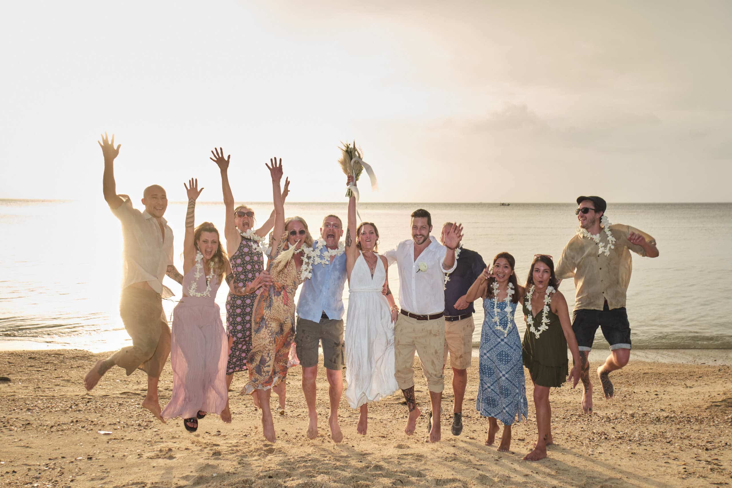 beach wedding guests group picture