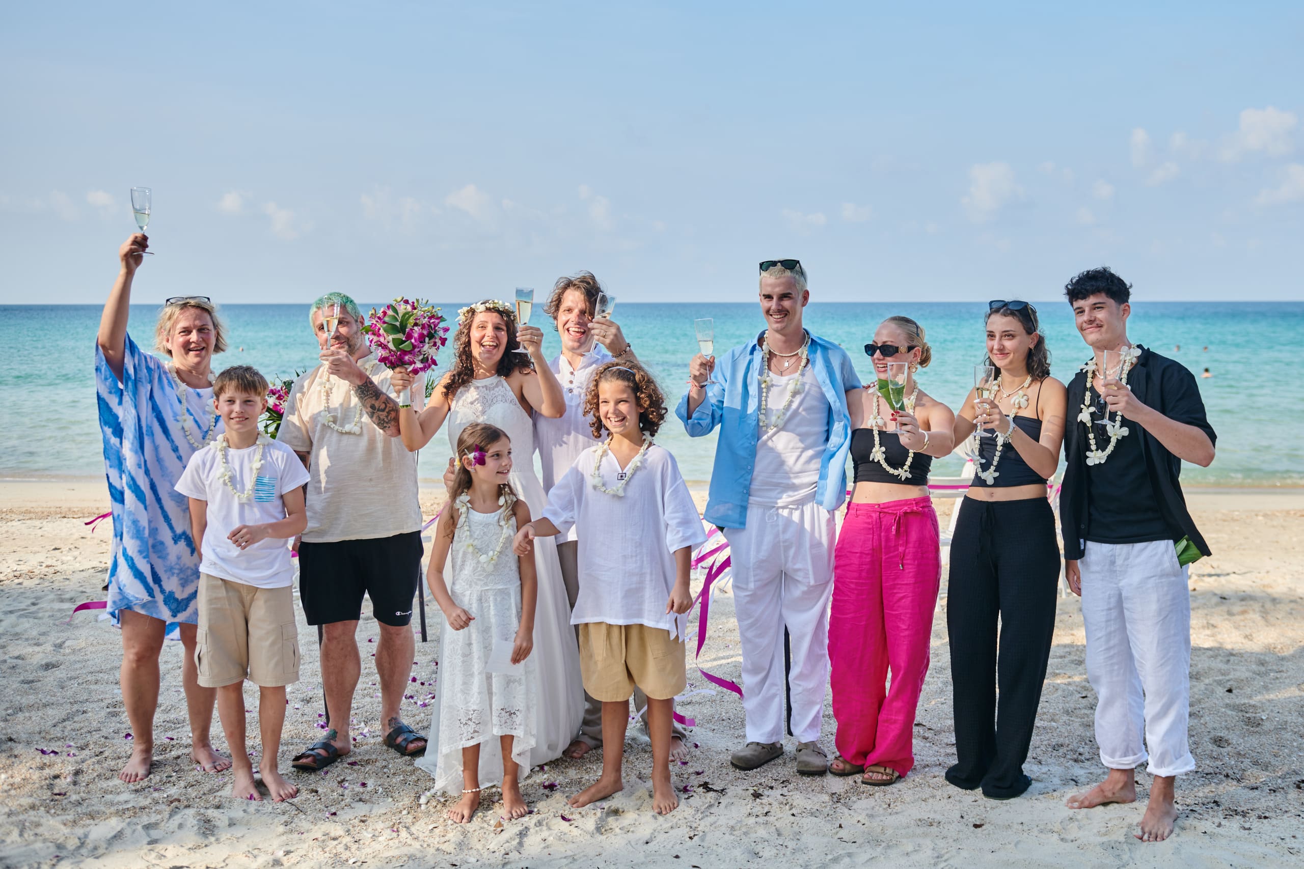 beach wedding guests group picture